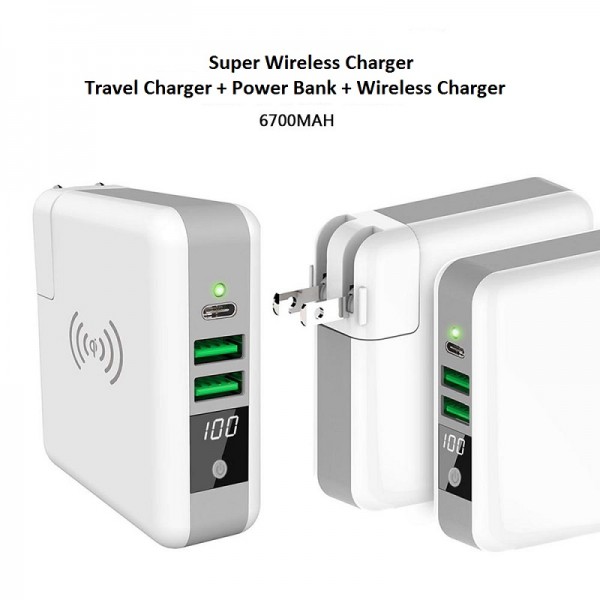 6700MAH Power Bank Portable Travel Charger QI Wireless Mobile Charger 3 In 1 For Iphone Samsung Etc