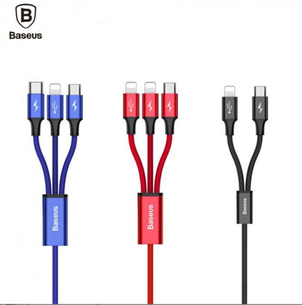 Baseus 3 in 1 micro usb type-c Lightning 3A fast charging data  cable For apple android huawei smart phone
